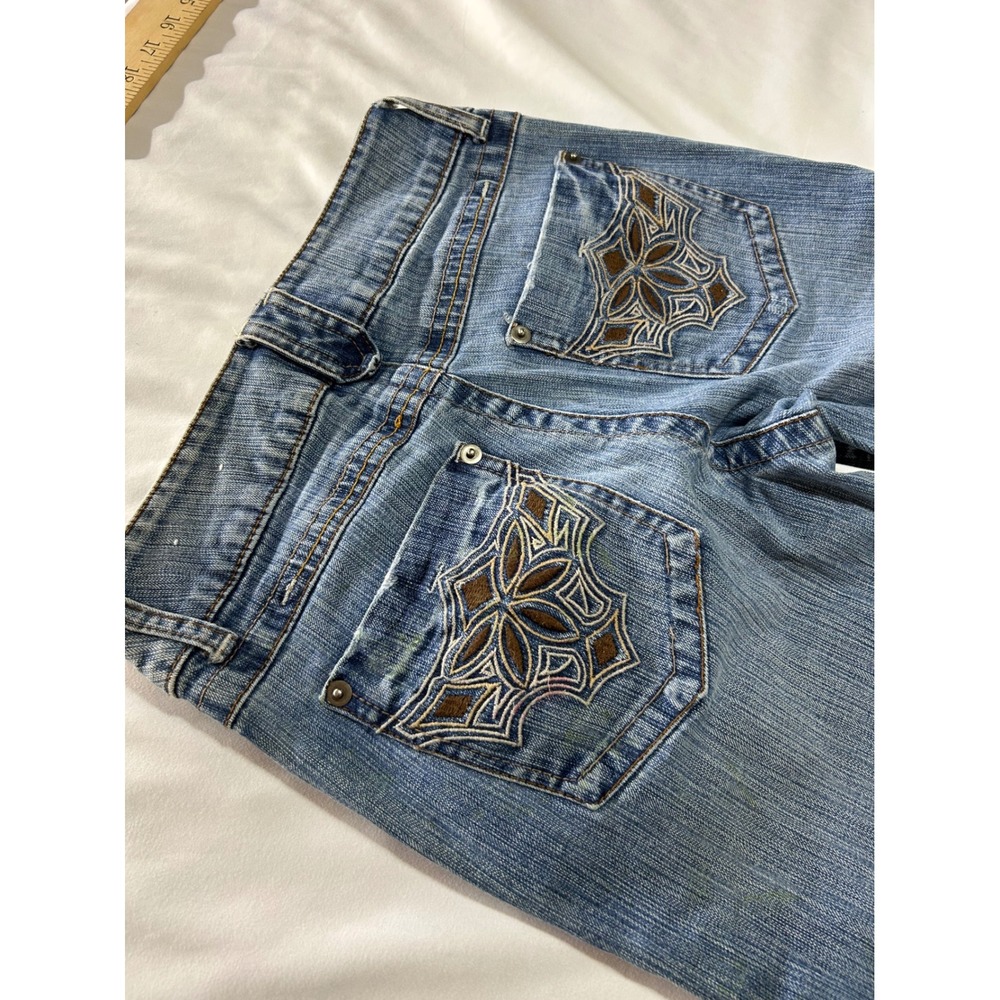 Y2K Low Rise Flare Jeans Medium Wash Embroidered Back Pockets Blue Denim